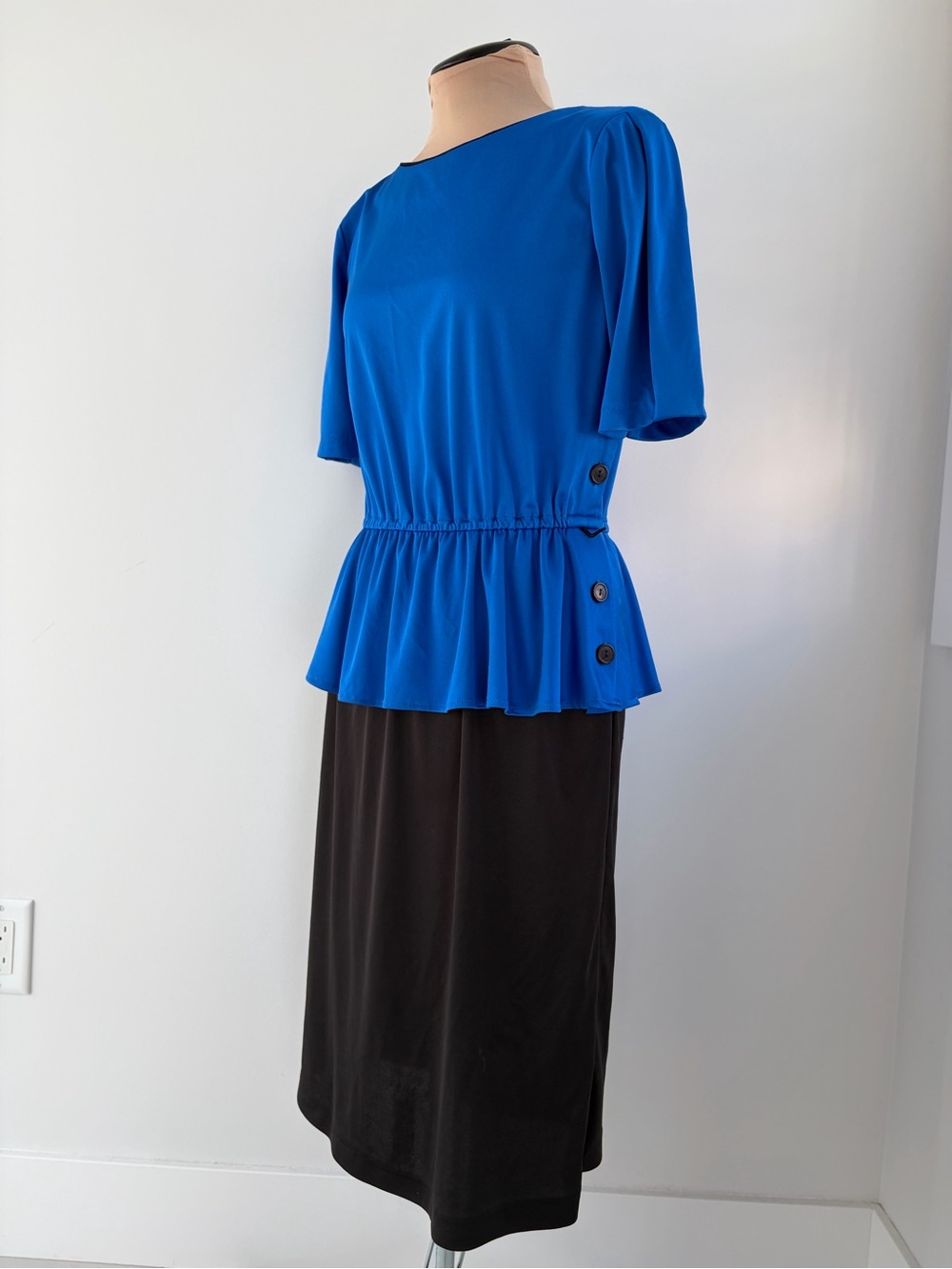 Vintage Parnelli Blue Black Peplum Stretch Midi Dress - Size Unknown (Size M?)